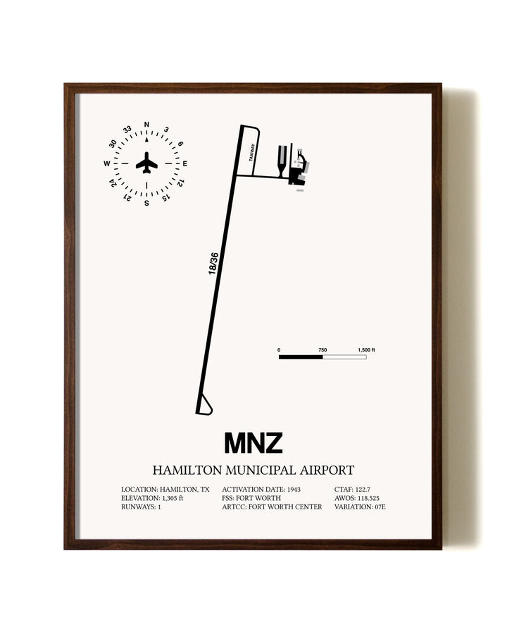 Hamilton Municipal Airport aviation print in walnut frame