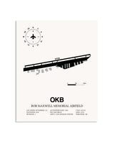Gray Bob Maxwell Memorial Airfield framed poster displayed in an airplane hangar
