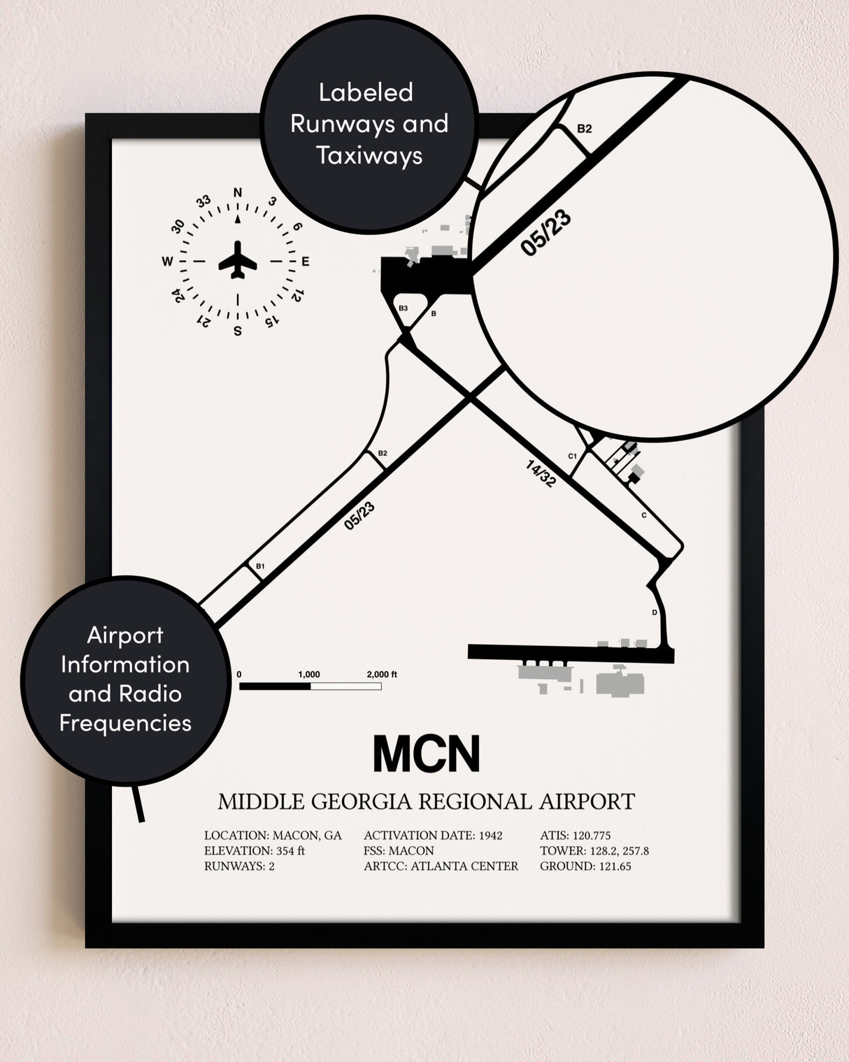Framed Middle Georgia Regional Airport layout wall art poster