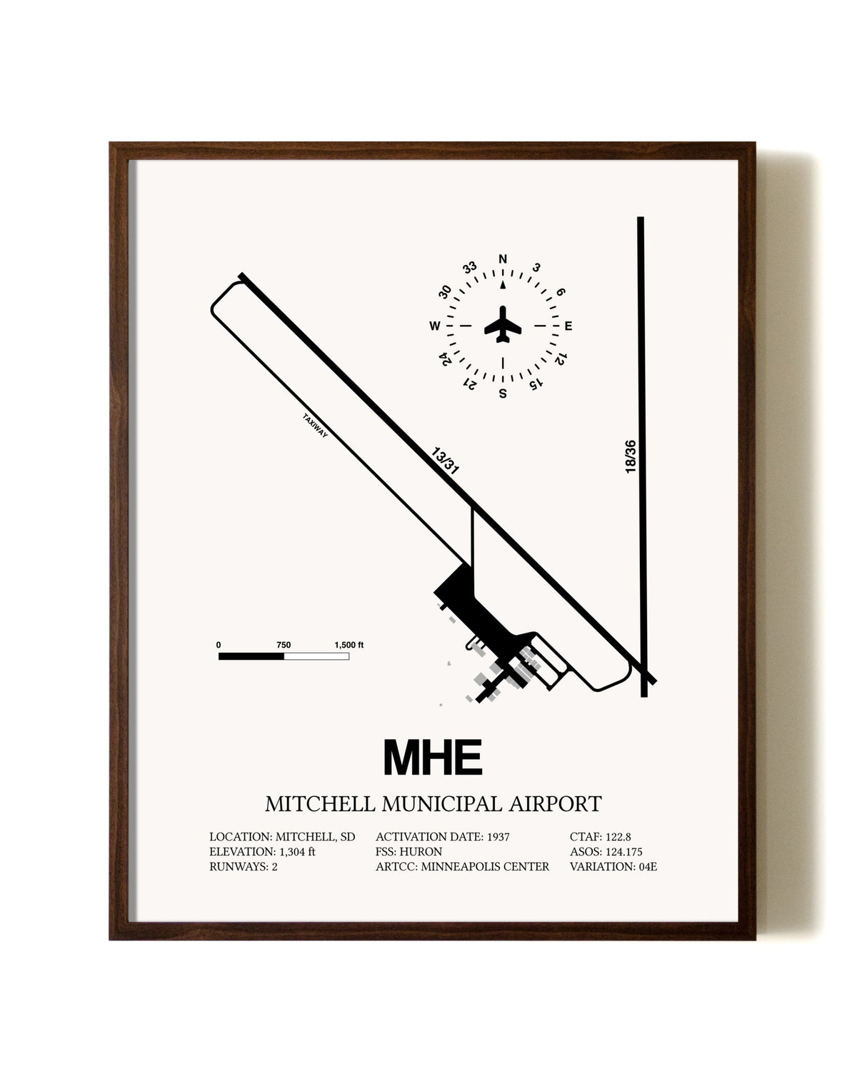 Mitchell Municipal Airport aviation print in walnut frame