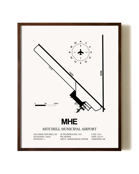 Mitchell Municipal Airport aviation print in walnut frame