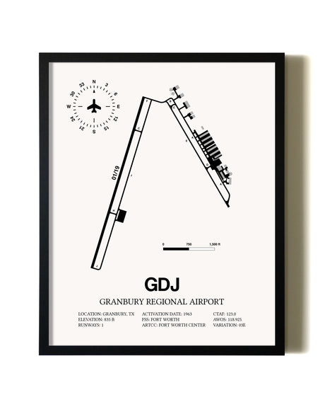 Framed Granbury Regional Airport wall art poster in black frame