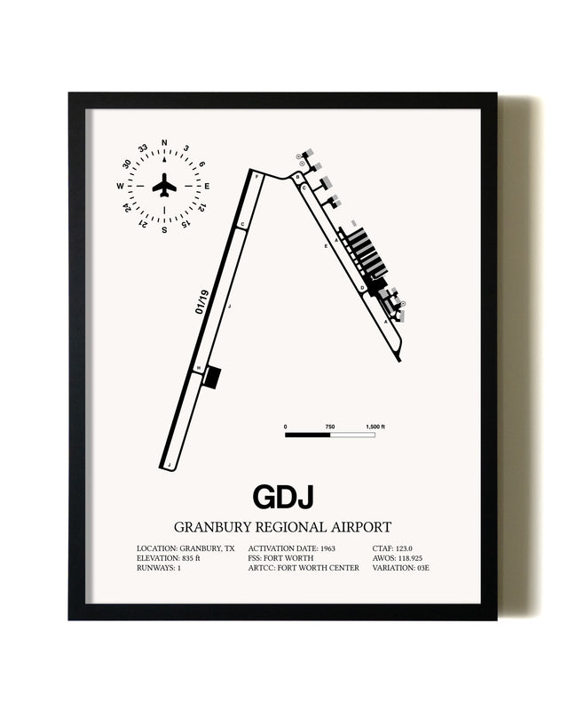 Framed Granbury Regional Airport wall art poster in black frame