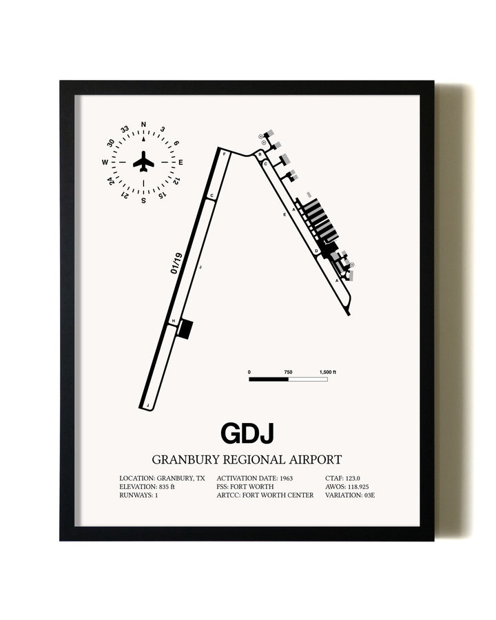 Framed Granbury Regional Airport wall art poster in black frame