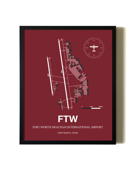 Red Framed Fort Worth Meacham International Airport wall art poster in black frame