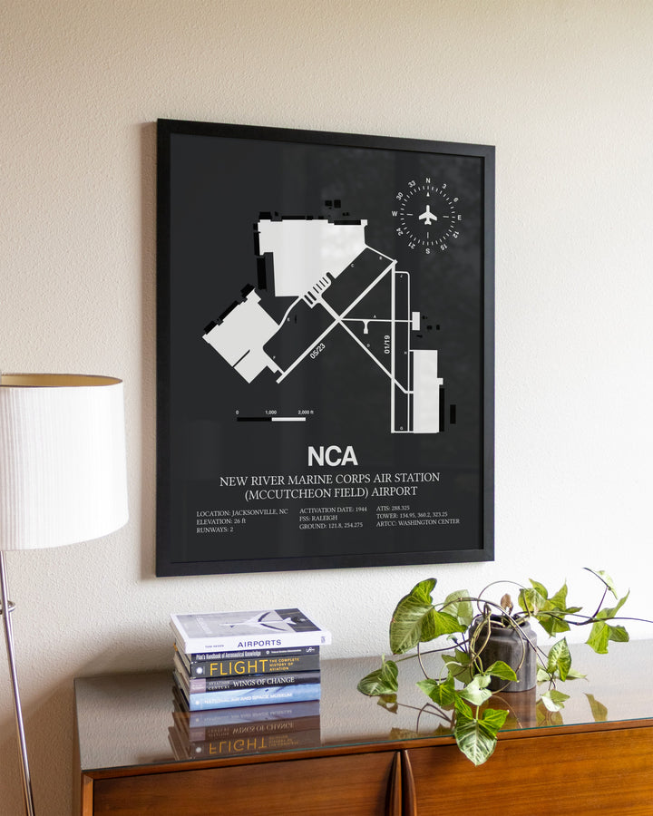 Gray Framed New River Marine Corps Air Station (McCutcheon Field) Airport wall art poster in black frame