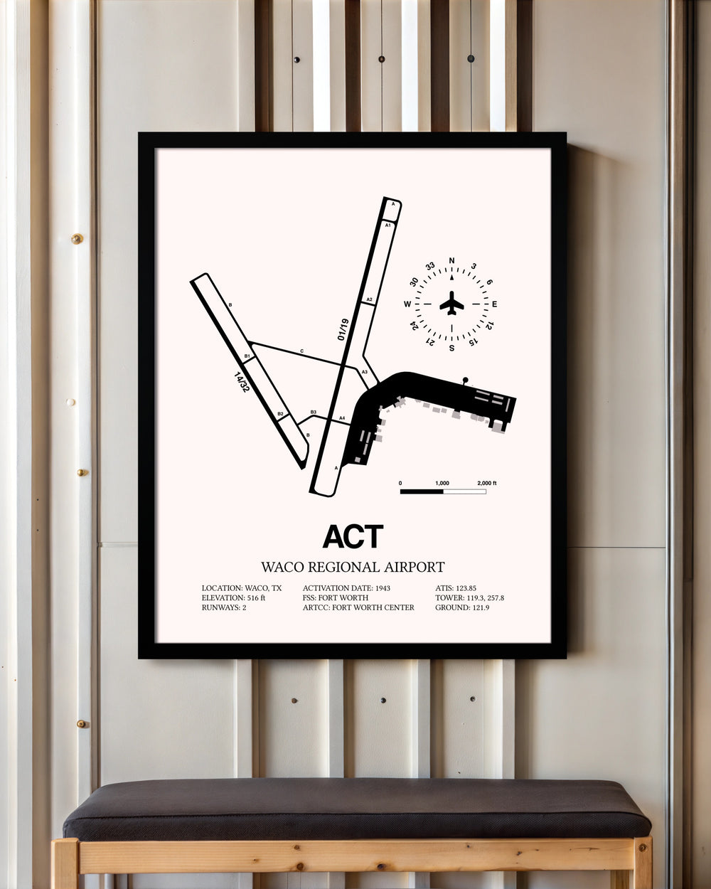 Waco Regional Airport framed poster displayed in an airplane hangar