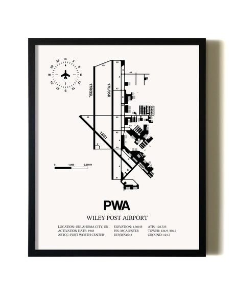Framed Wiley Post Airport wall art poster in black frame