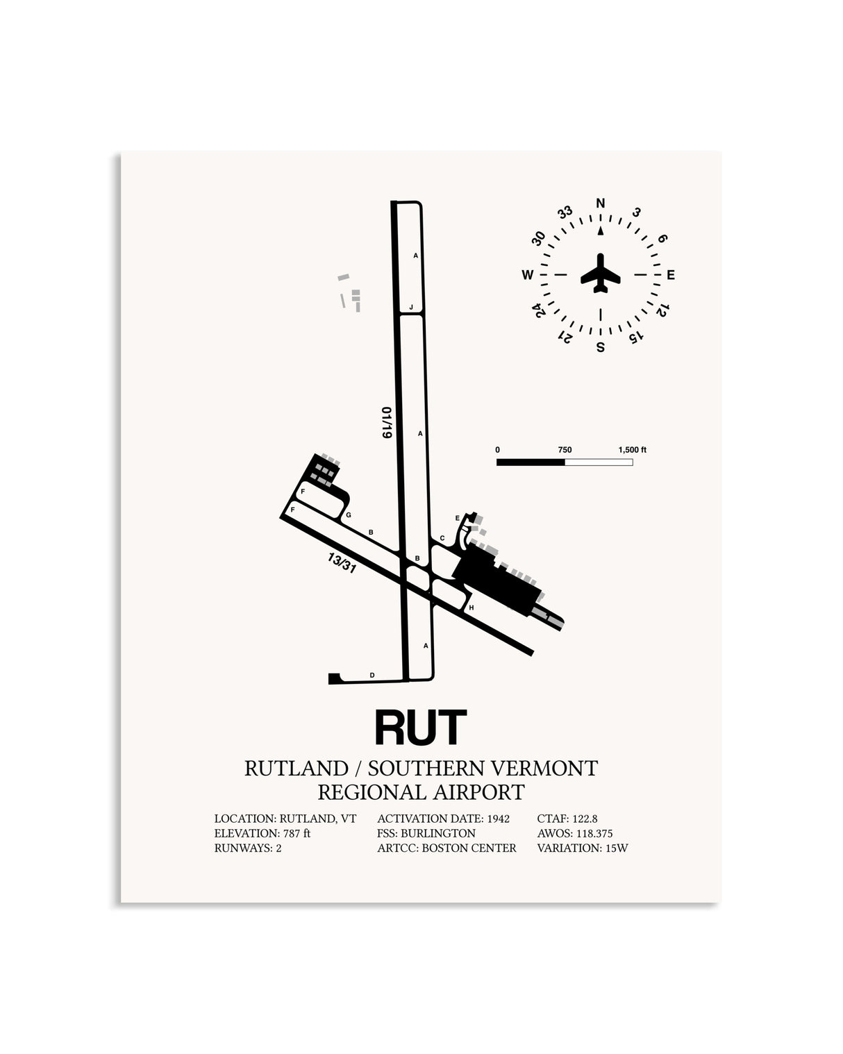 Gray Rutland / Southern Vermont Regional Airport framed poster displayed in an airplane hangar