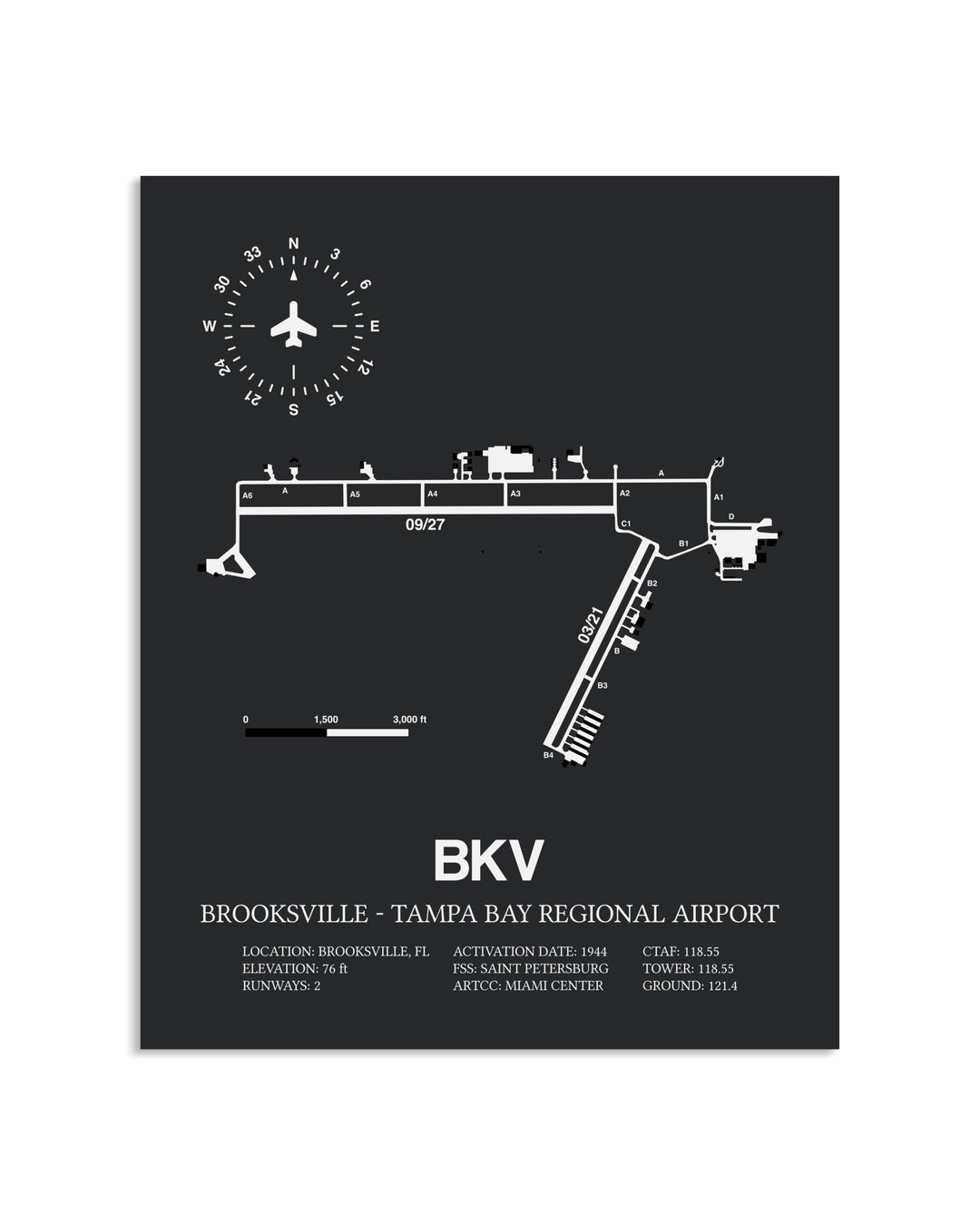 Gray Framed Brooksville-Tampa Bay Regional Airport layout wall art poster