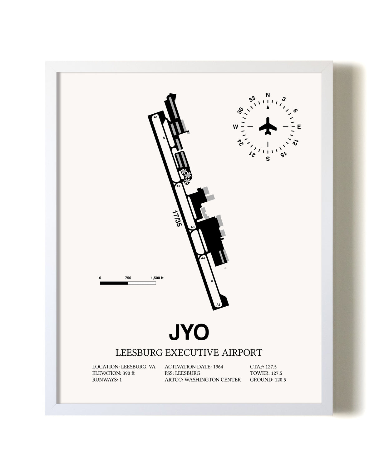 Leesburg Executive Airport airport map poster in oak frame