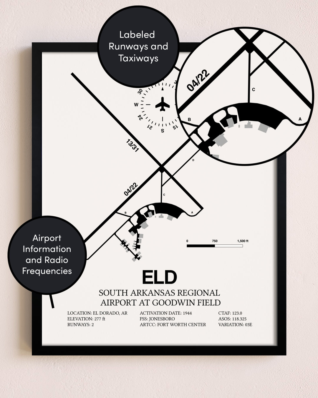 Framed South Arkansas Regional Airport At Goodwin Field layout wall art poster