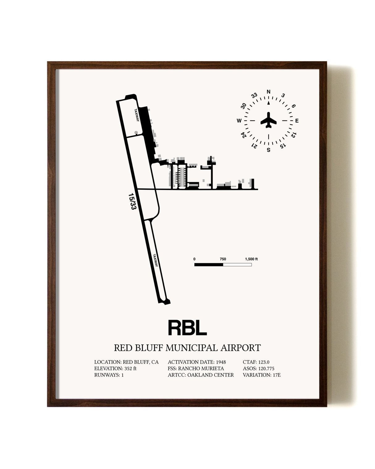 Red Bluff Municipal Airport aviation print in walnut frame