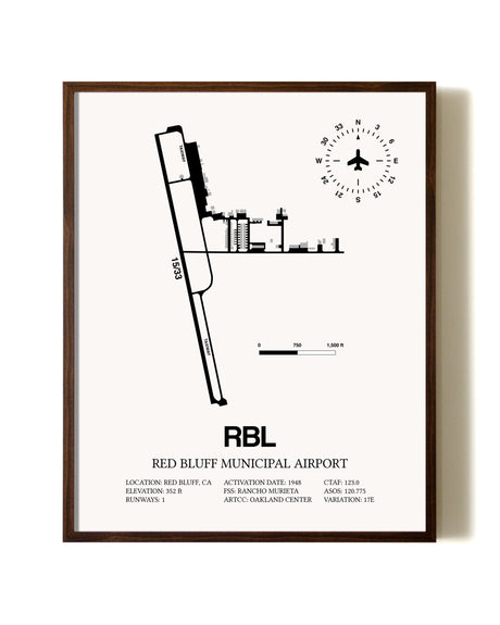 Red Bluff Municipal Airport aviation print in walnut frame