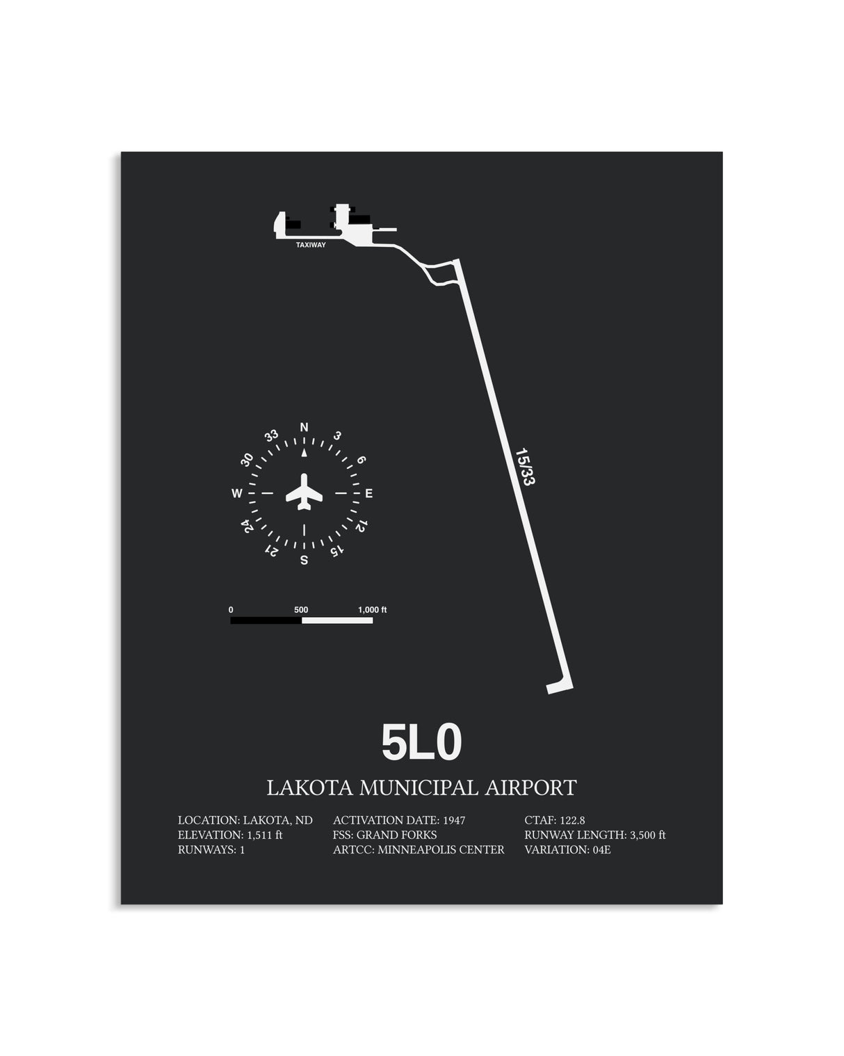 Gray Framed Lakota Municipal Airport layout wall art poster
