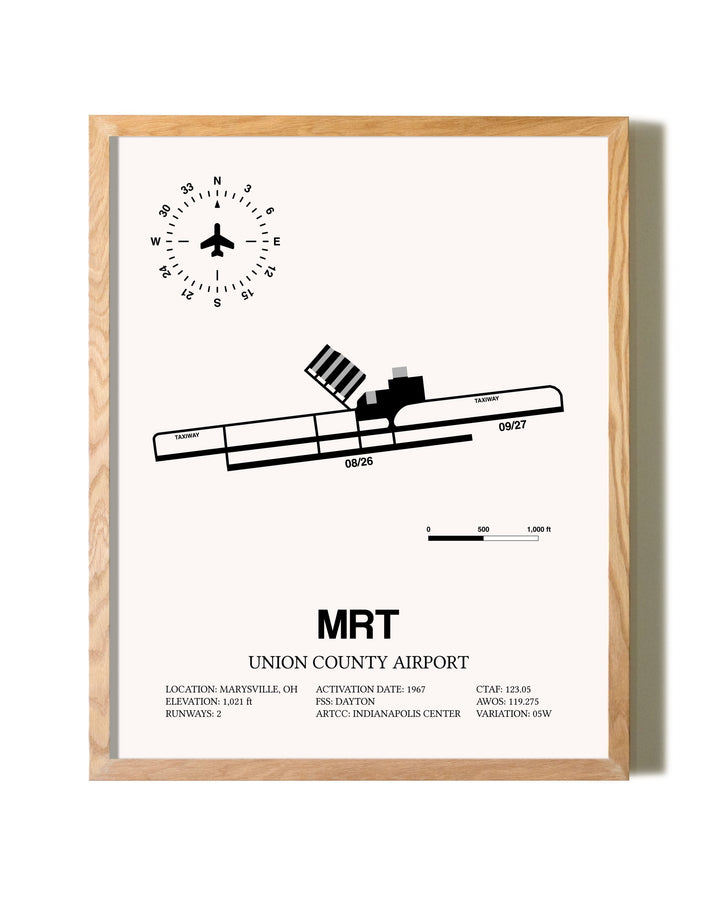 Union County Airport framed print in natural wood frame