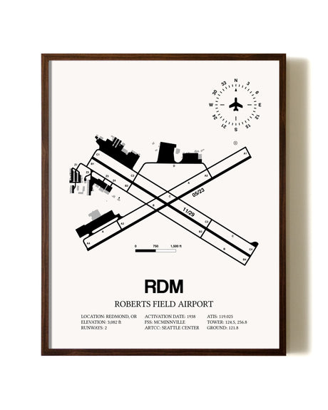 Roberts Field Airport aviation print in walnut frame