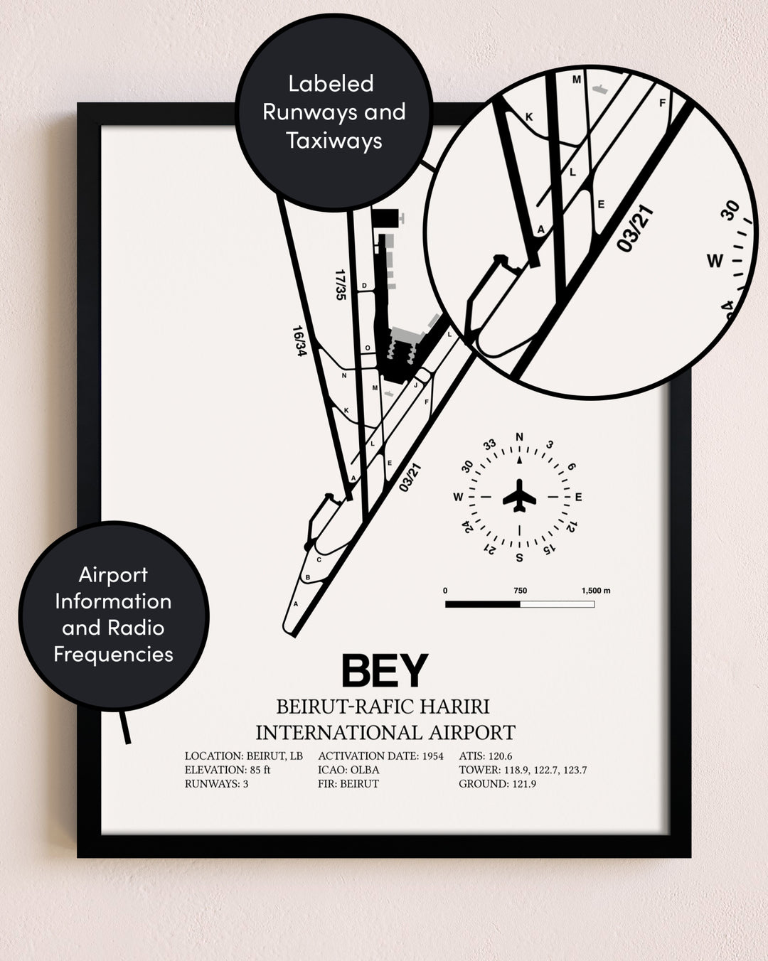 Framed Beirut-Rafic Hariri International Airport layout wall art poster