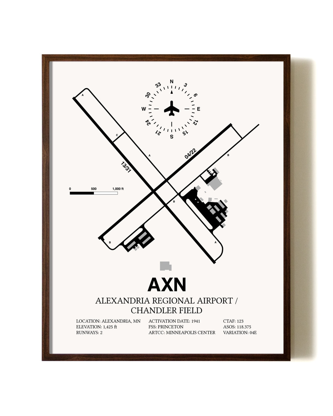 Alexandria Regional Airport / Chandler Field aviation print in walnut frame