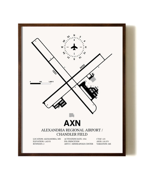Alexandria Regional Airport / Chandler Field aviation print in walnut frame