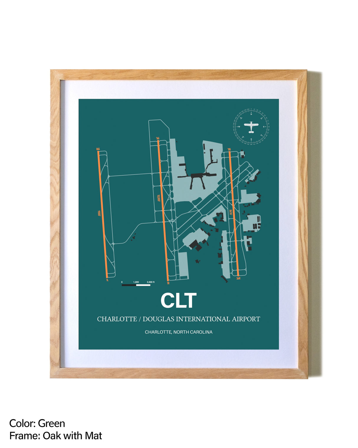 Charlotte / Douglas International Airport airport map poster in oak frame with mat