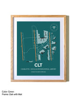 Charlotte / Douglas International Airport airport map poster in oak frame with mat