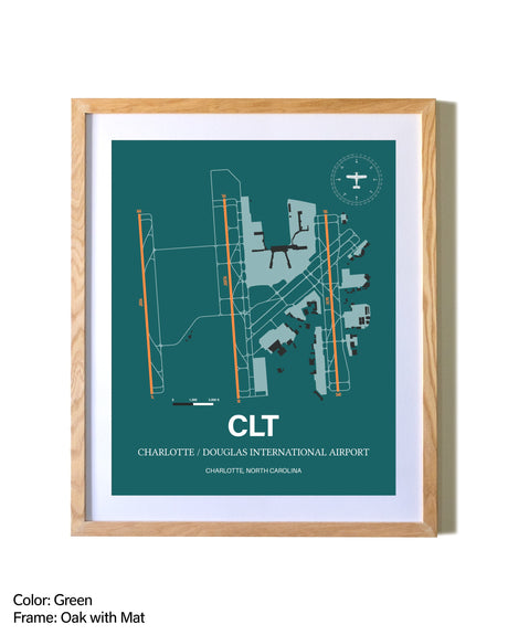 Charlotte / Douglas International Airport airport map poster in oak frame with mat