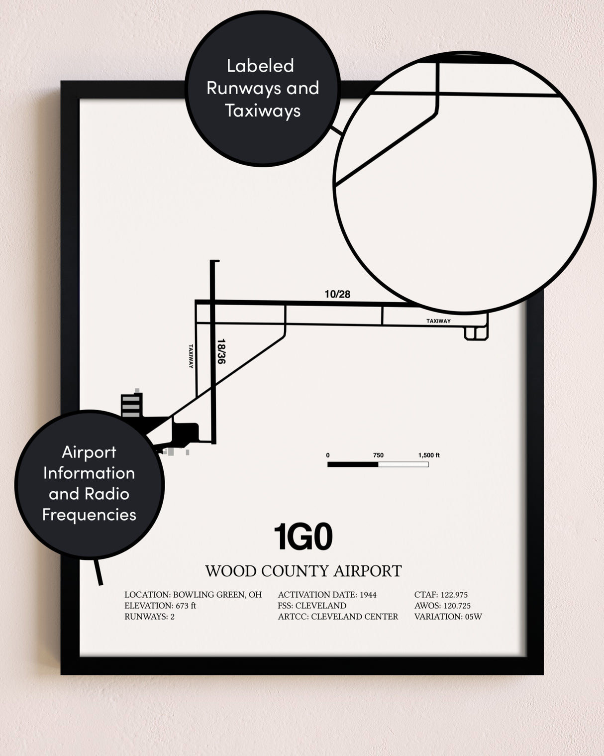 Framed Wood County Airport layout wall art poster