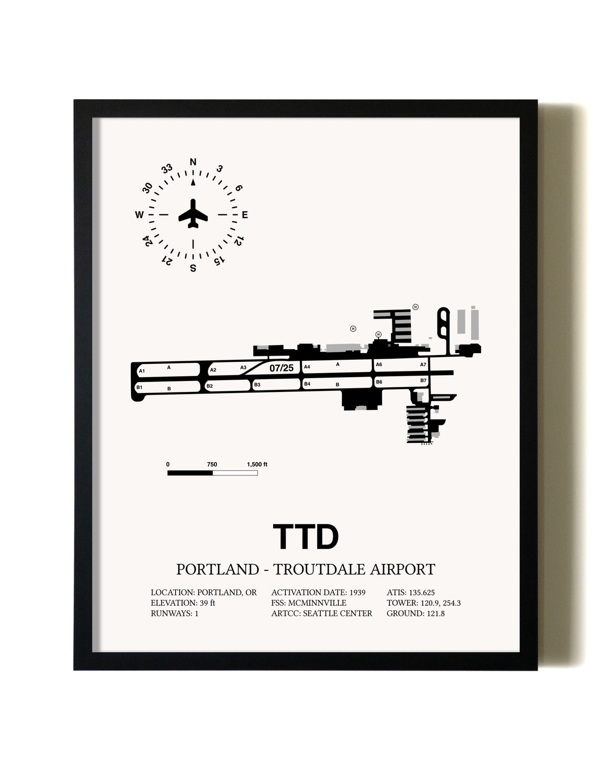 Framed Portland-Troutdale Airport wall art poster in black frame
