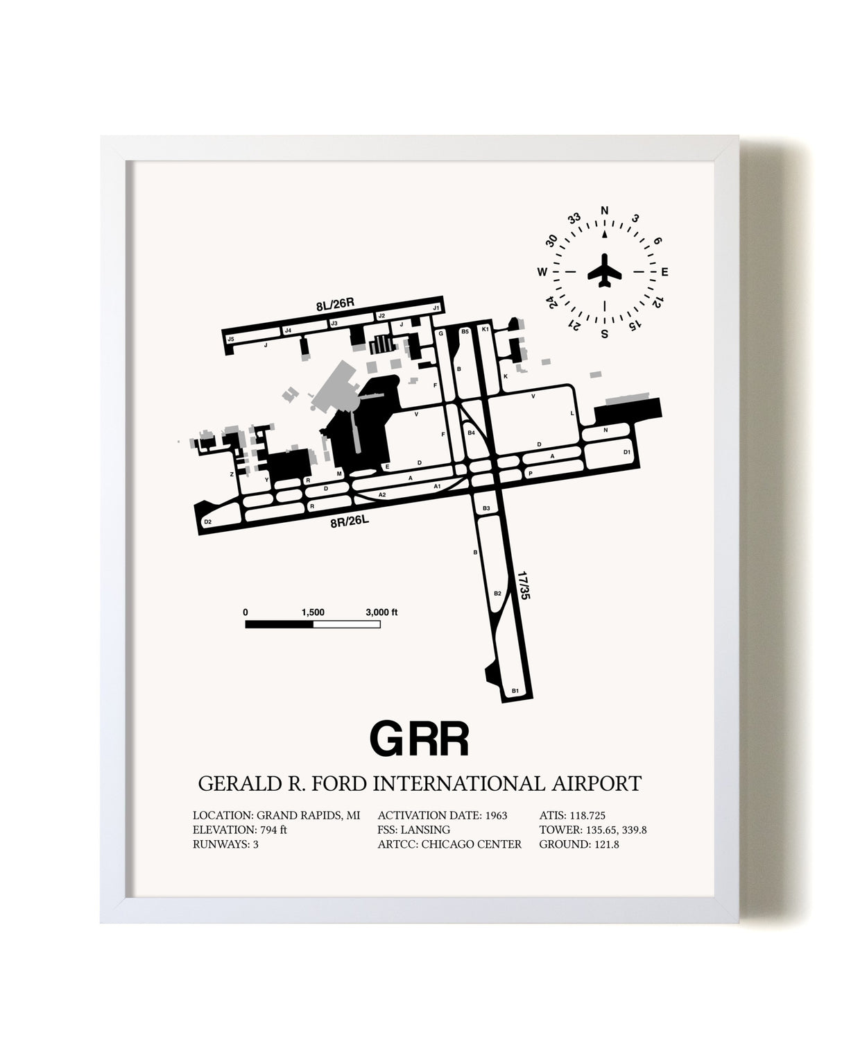 Gerald R. Ford International Airport airport map poster in oak frame