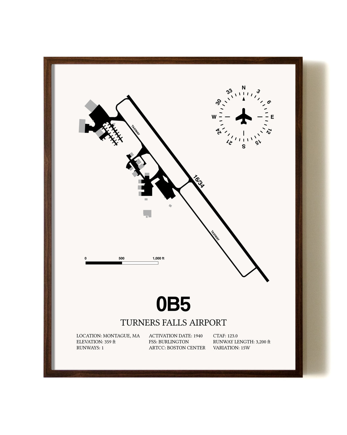 Turners Falls Airport aviation print in walnut frame