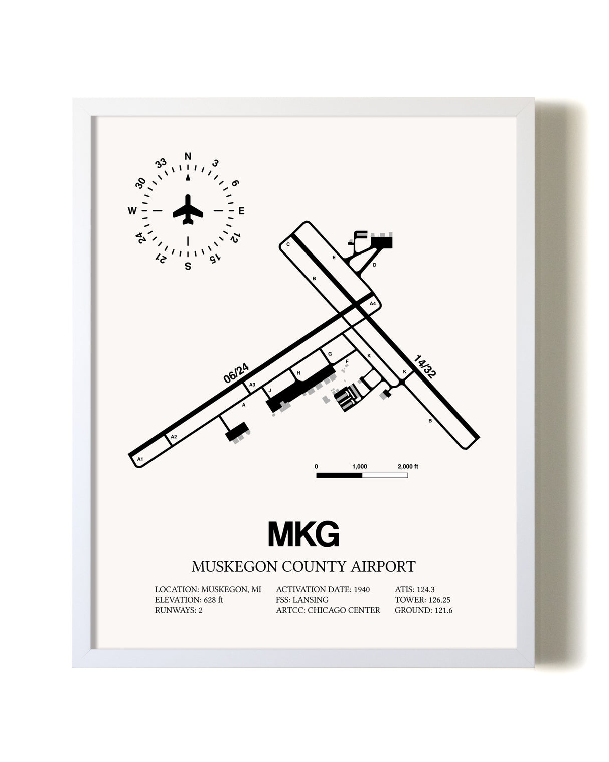 Muskegon County Airport airport map poster in oak frame