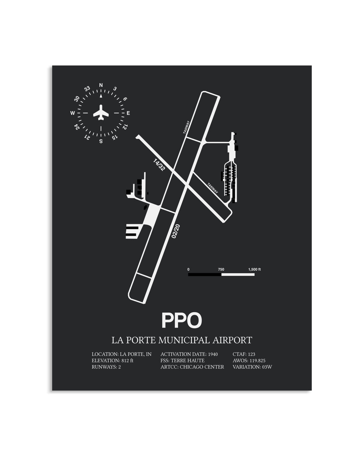 Gray Framed La Porte Municipal Airport layout wall art poster