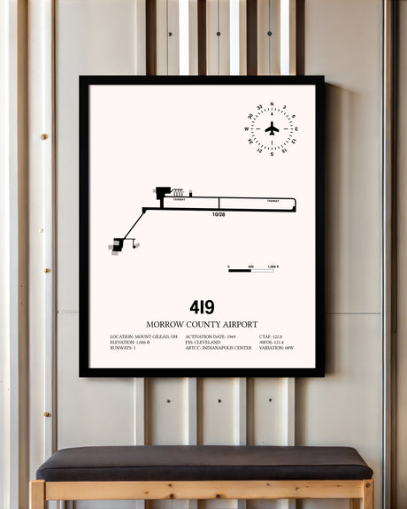 Morrow County Airport framed poster displayed in an airplane hangar