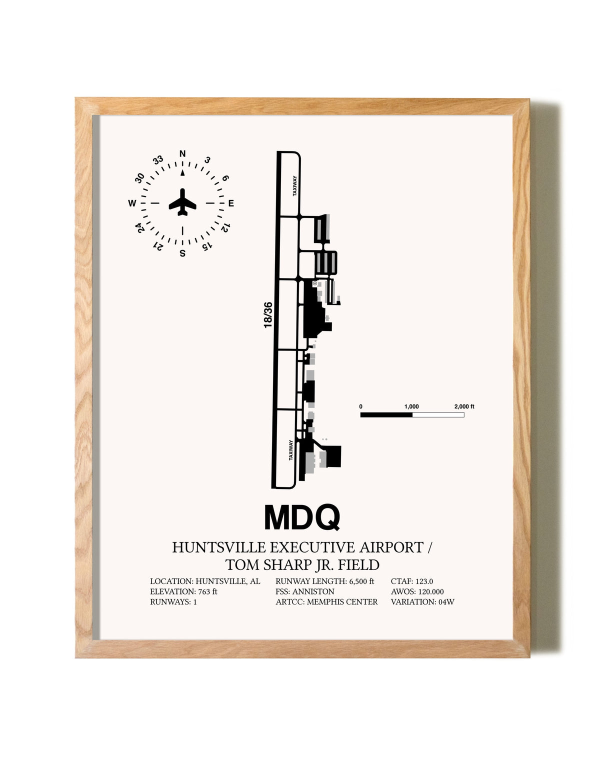 Huntsville Executive Airport / Tom Sharp Jr. Field framed print in natural wood frame