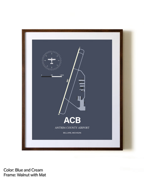 Antrim County Airport aviation print in walnut frame with mat