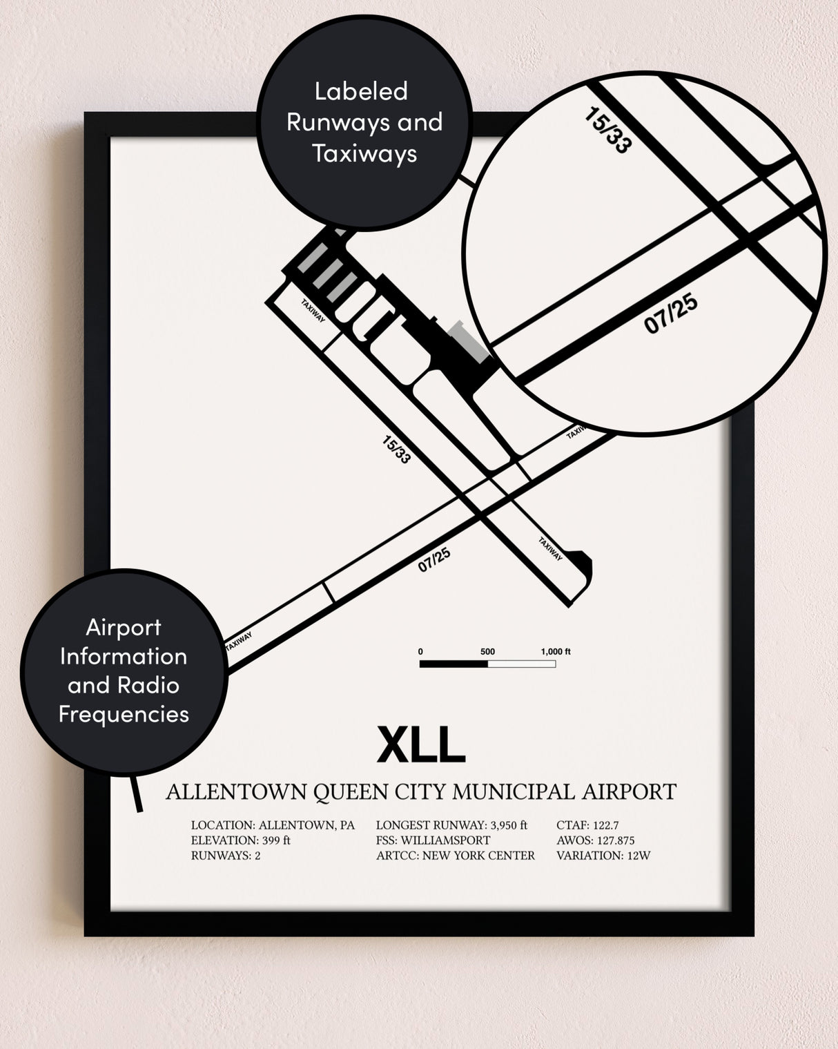 Framed Allentown Queen City Municipal Airport layout wall art poster