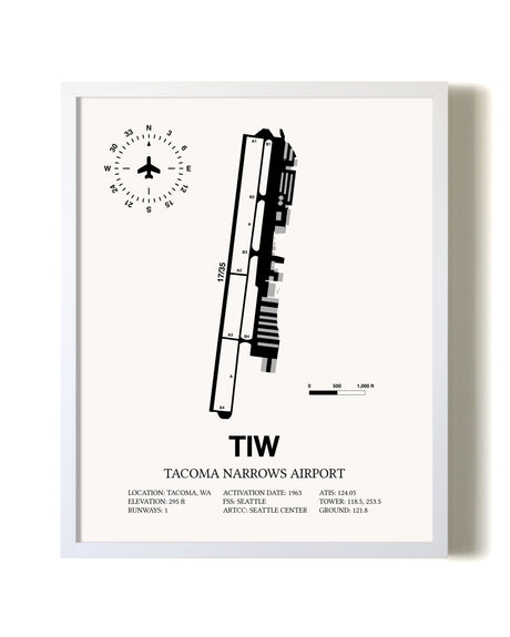 Tacoma Narrows Airport airport map poster in oak frame