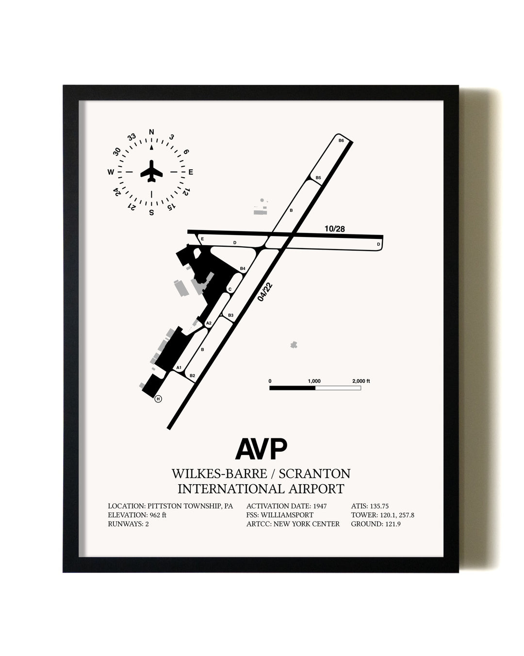 Framed Wilkes-Barre / Scranton International Airport wall art poster in black frame