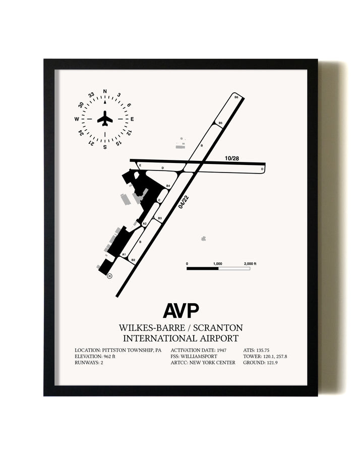 Framed Wilkes-Barre / Scranton International Airport wall art poster in black frame