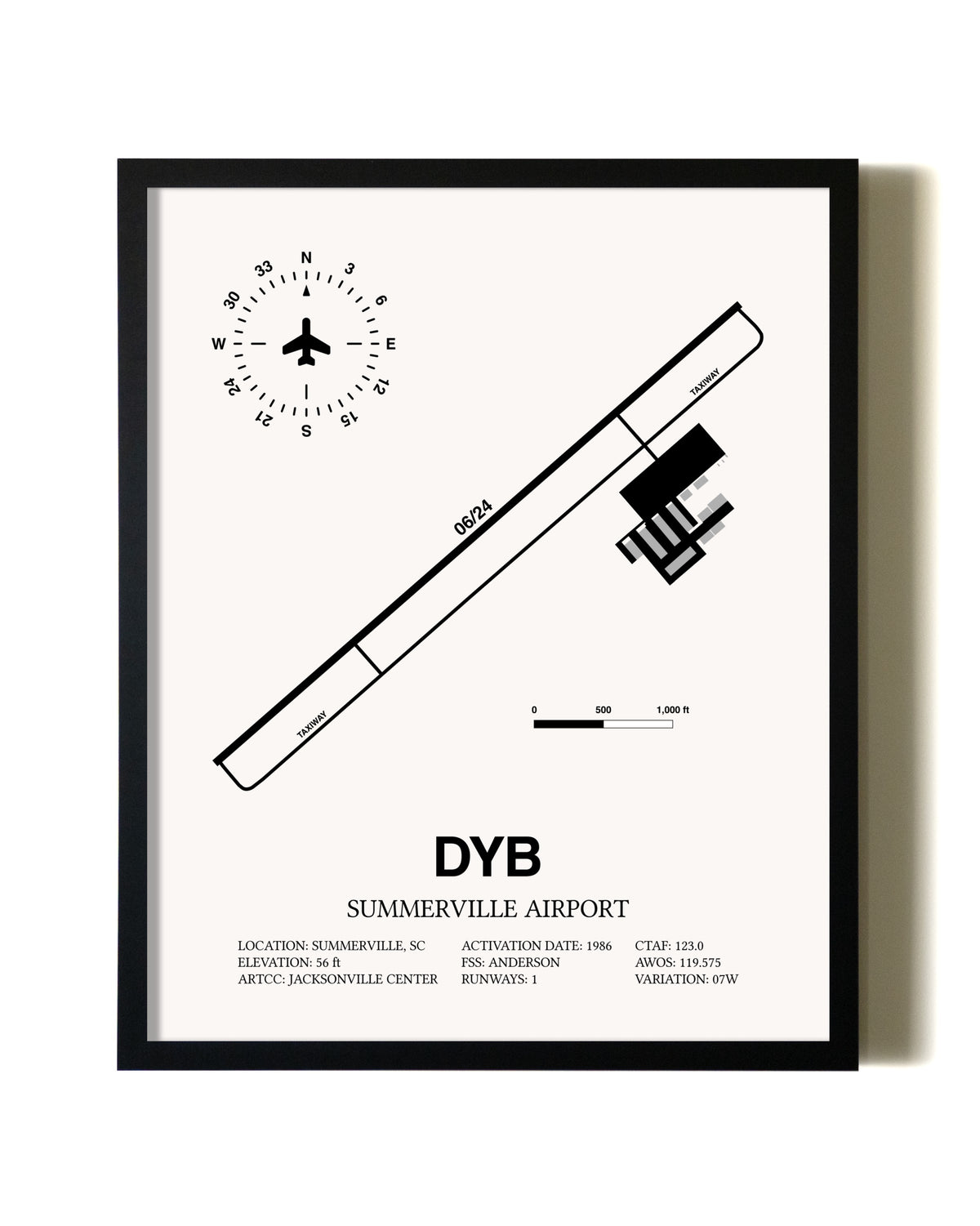 Framed Summerville Airport wall art poster in black frame