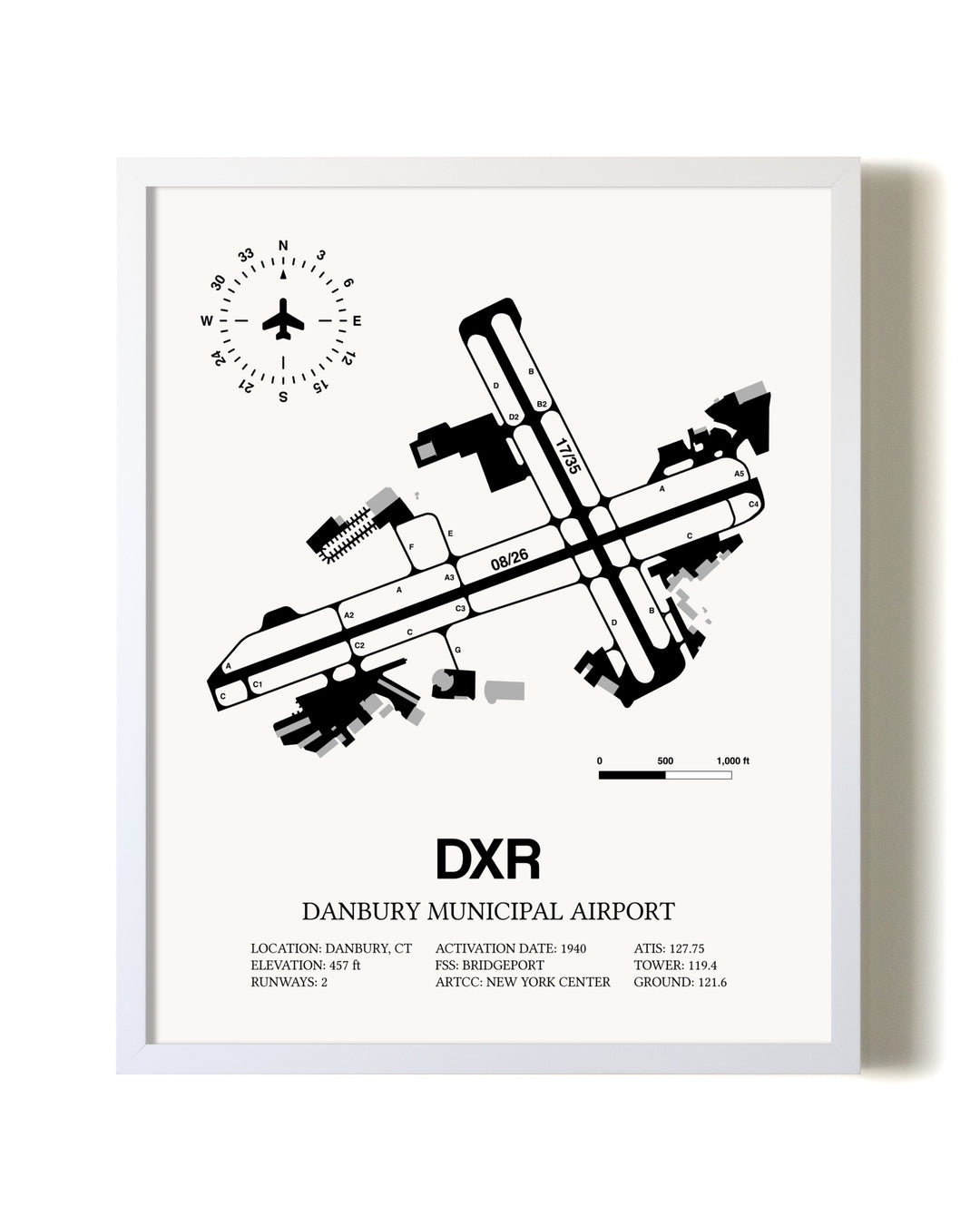 Danbury Municipal Airport airport map poster in oak frame