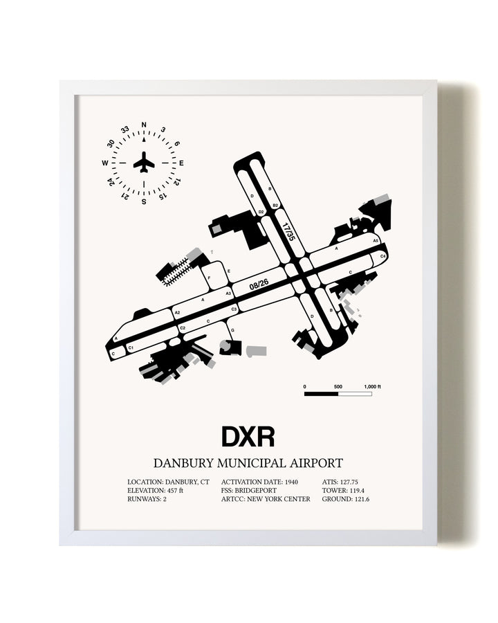 Danbury Municipal Airport airport map poster in oak frame