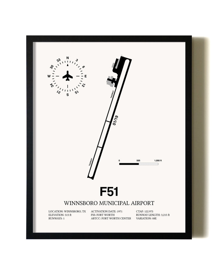 Framed Winnsboro Municipal Airport wall art poster in black frame