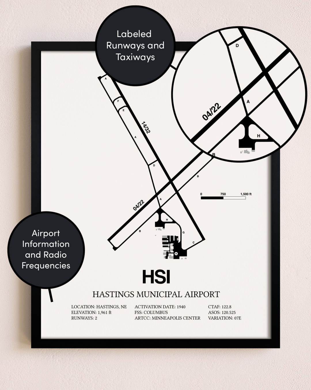 Framed Hastings Municipal Airport layout wall art poster