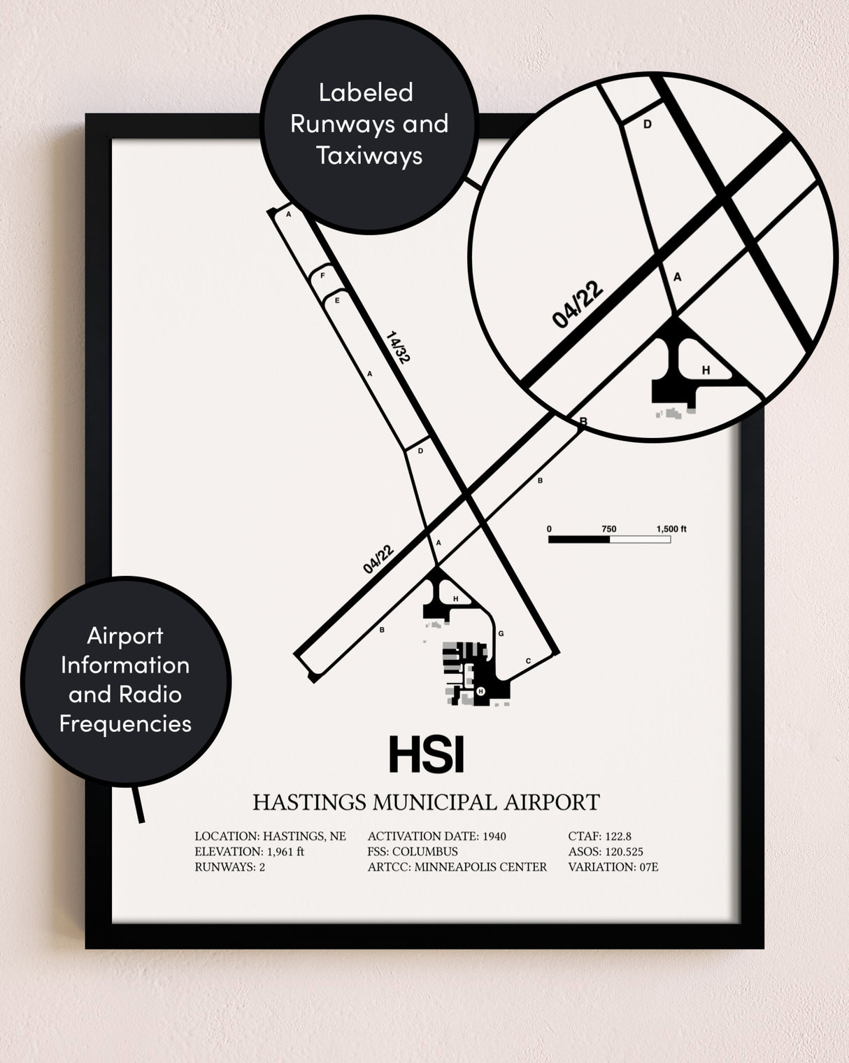 Framed Hastings Municipal Airport layout wall art poster