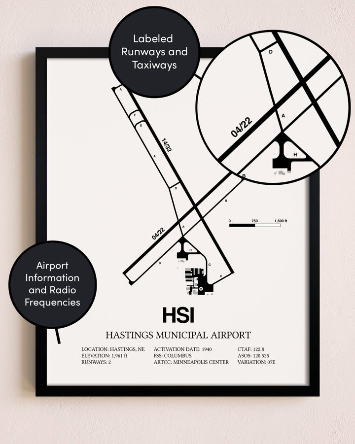 Framed Hastings Municipal Airport layout wall art poster