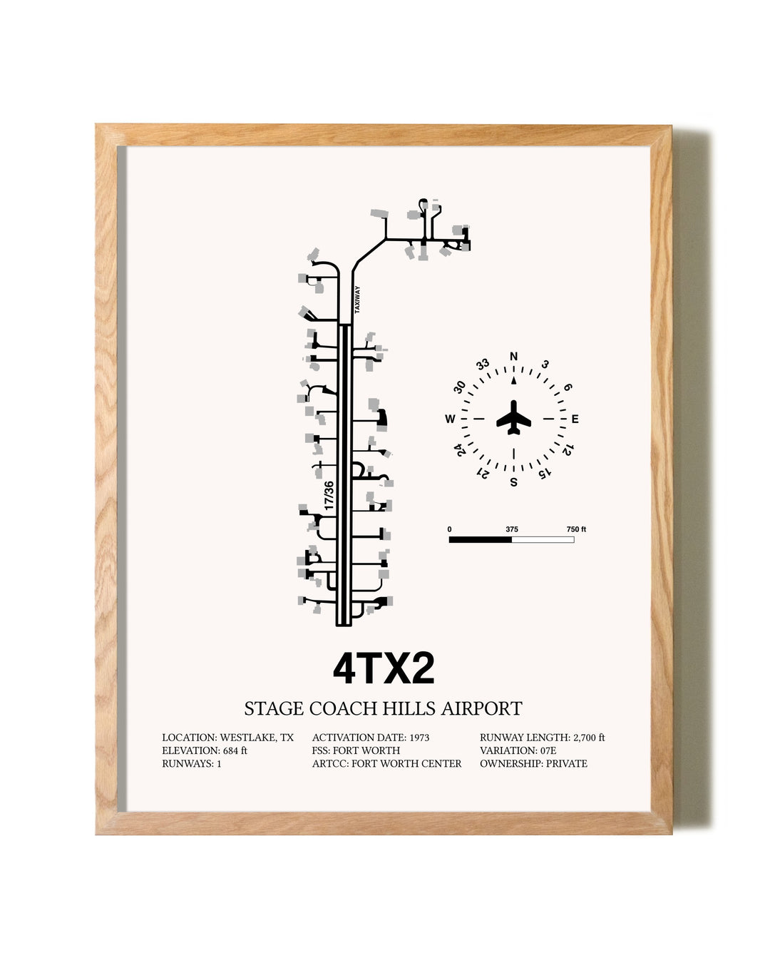 Stage Coach Hills Airport framed print in natural wood frame