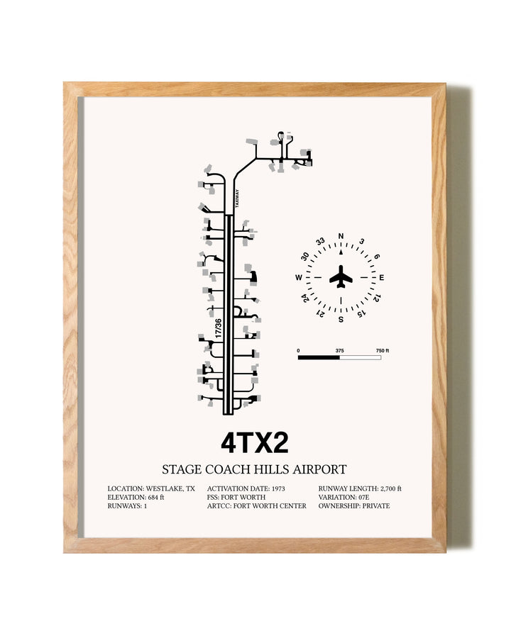 Stage Coach Hills Airport framed print in natural wood frame