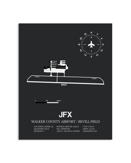 Gray Framed Walker County Airport / Bevill Field layout wall art poster
